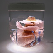 malatsion - Genesis of my hybridization. Implant ID_018MR, 2019, Installation mit weicher Skulptur (Silikon, Pigmente, Steine), Wasser, Glasvase, Lampe, Stoffkappe