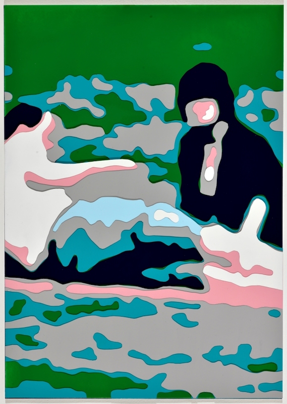 Konrad Winter - Aussitzen, 2020, automobile paint on paper / collage