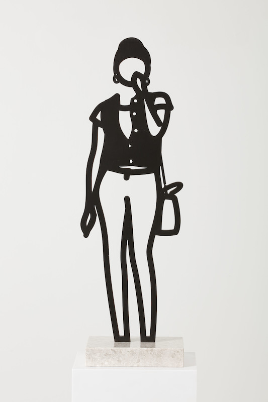 Julian Opie - Denim waistcoat (from Boston Statuettes), 2020, patinated black bronze, Crema Grey stone base