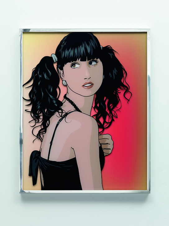 Julian Opie - Elena and Cressie get ready for the party 4, 2011, Silkscreen on perspex and inkjet print on paper