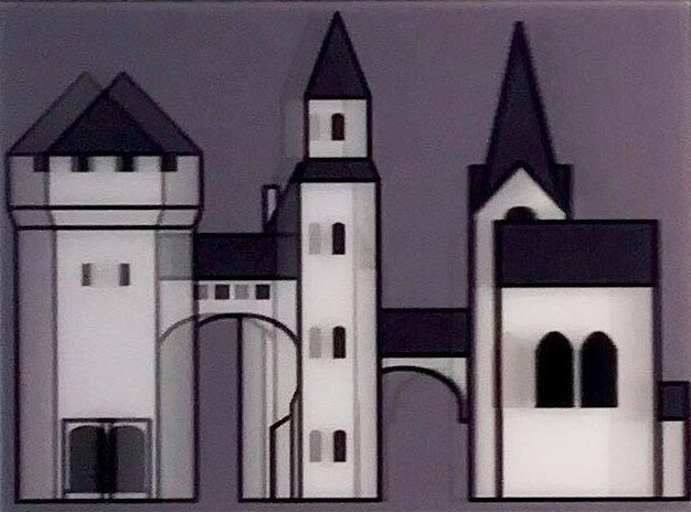 Julian Opie - Medieval village 1, 2019, Lenticular acrylic panel mounted ointo white acylic