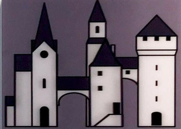 Julian Opie - Medieval village 3, 2019, Lenticular acrylic panel mounted ointo white acylic