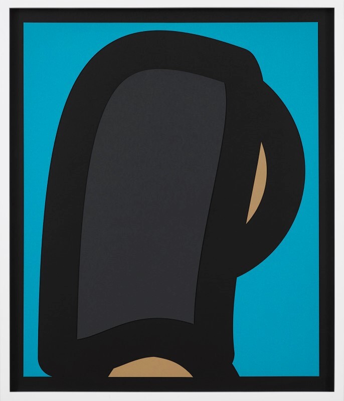 Julian Opie - Paper Head 2, 2019, collage: laser-cut archival Museum Board reliefs, presented in a sprayed white frame selected by the artist