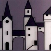 Julian Opie - Medieval village 3, 2019, Lenticular acrylic panel mounted ointo white acylic